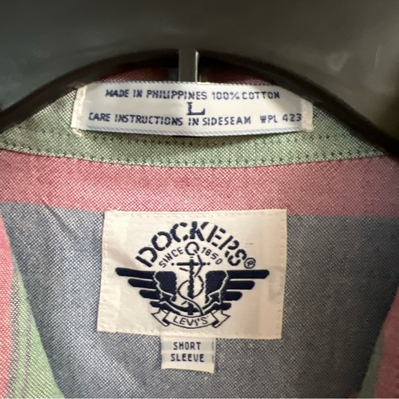 VTG 90’s Men’s Size Large - Dockers - Blue/Pink/Green Striped Button Down Shirt - Picture 5 of 11